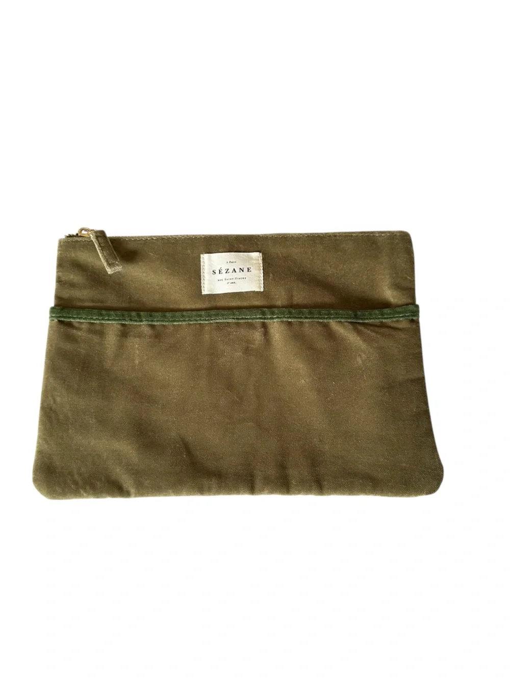 Sézane Olive Green Velvet Cosmetic Pouch Travel Makeup Bag